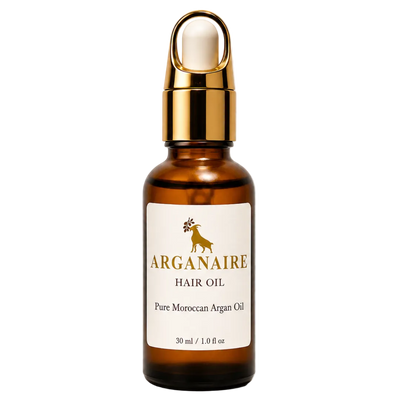 30ml amber glass bottle of Arganaire Pure Moroccan Argan Oil with a gold dropper