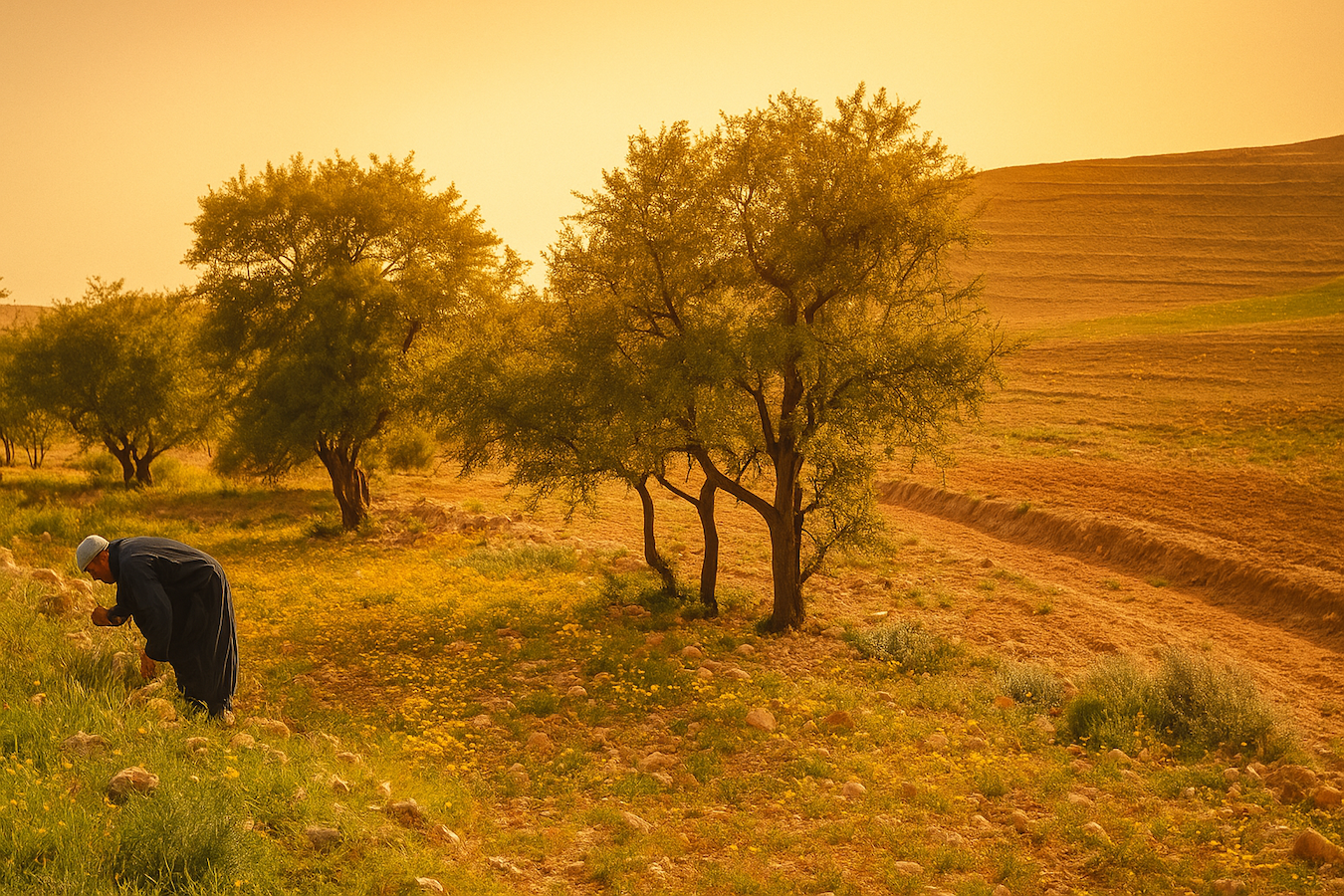 Golden Moroccan landscape at sunrise with argan trees,  symbolising Arganaire’s heritage, purity, and handcrafted origins.