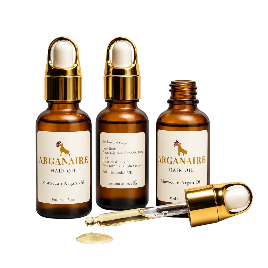 Arganaire Pure Moroccan Argan Oil bottle with gold dropper against a light background