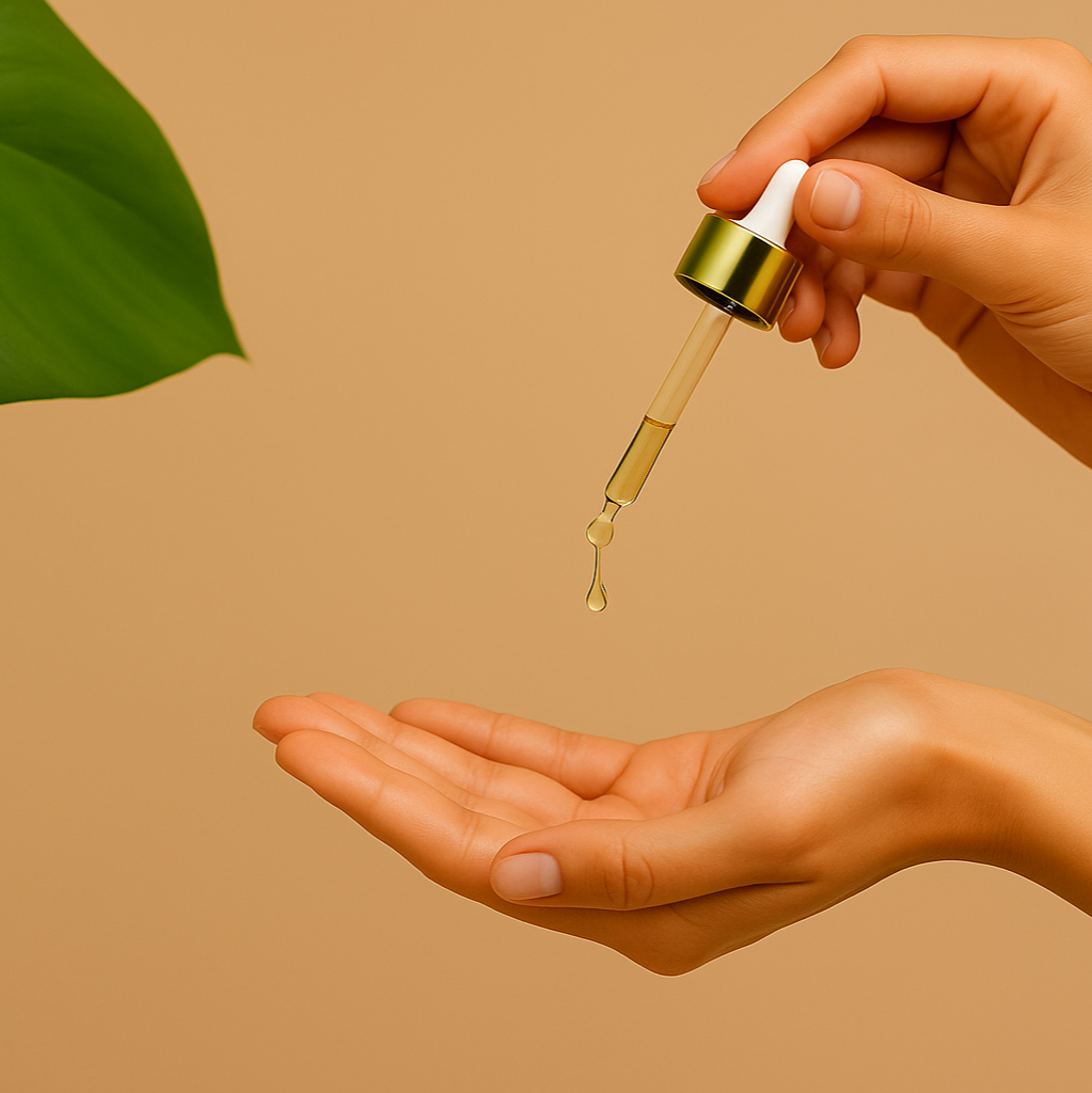 Argan oil dropper dispensing a small amount of oil into an open palm